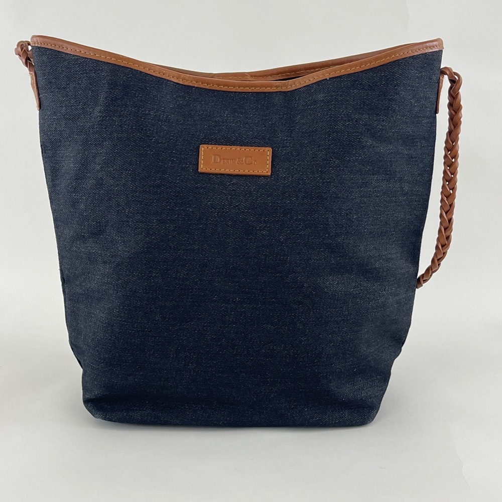 Denim & Co Hand Bag Purse Blue Denim With Leather Strap Snap Closure